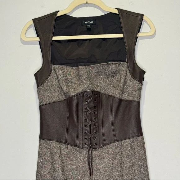 Bebe Y2K Wool Blend Tweed Corset Bustier Wiggle Mini Dress Leather Brown Sz  4 - threedaughtersproperties.com